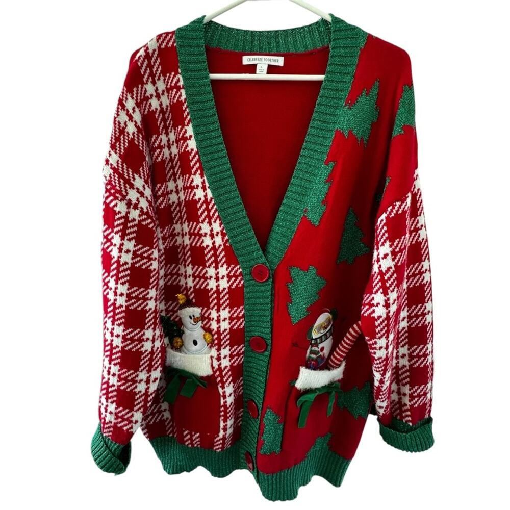 Celebrate Together Women’s Holiday Red Green Sweater with Snowman Design Large